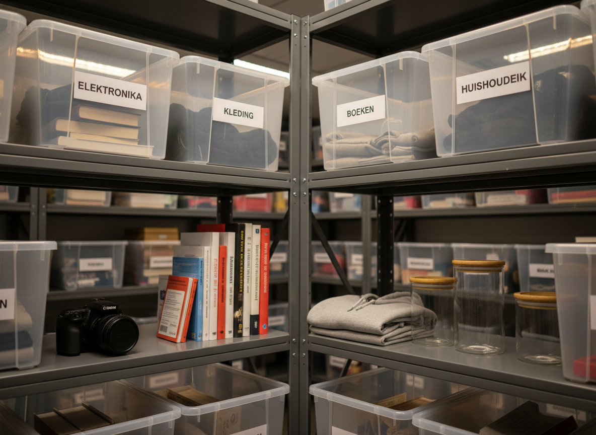 A cozy corner of a second-hand storage space showing labeled plastic bins and sturdy shelves filled with neatly sorted categories: “Elektronica,” “Kleding,” “Boeken,” and “Huishoudelijk.” Visible on the front shelf are a gently used DSLR camera, a stack of novels with uncreased spines, a folded hoodie, and a set of glass storage jars, all in very good condition. Warm, indirect lighting from overhead LED strips creates a bright, efficient atmosphere with soft shadows under each item. The composition is photographed at eye level, using the rule of thirds so that the foreground shelf is in crisp focus while the deeper shelves blur slightly, conveying professionalism, organization, and trust in the shop’s careful selection process.