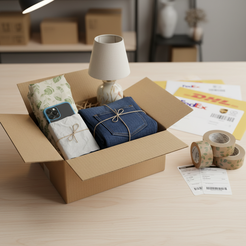 A carefully prepared packing station in a second-hand shop, featuring a sturdy kraft cardboard box partially filled with neatly wrapped items: a smartphone in a protective case, folded denim jeans, and a small decorative lamp. The box sits on a clean wooden table alongside paper filler, eco-friendly tape, printed shipping labels, and a selection of courier envelopes, each with clear logos slightly out of focus. Soft studio lighting from above and the side creates gentle highlights on the cardboard and objects, emphasizing order and care. The composition is a centered, photographic realism shot from a slightly elevated angle, with a calm, professional mood that conveys fast, reliable shipping and careful handling of every order.