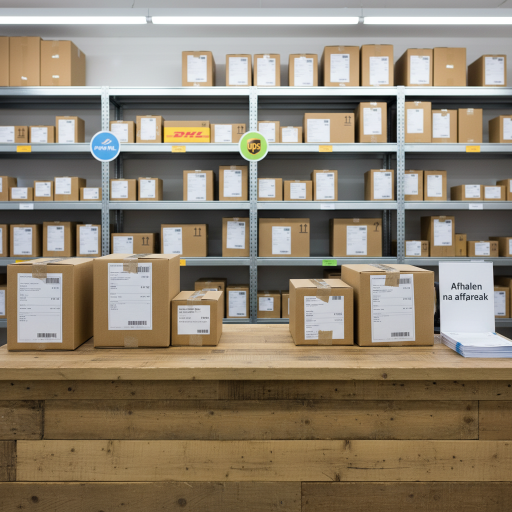A bright, organized pickup area inside a second-hand shop, featuring a sturdy counter with several sealed cardboard parcels, each labeled with printed invoices and barcodes. Behind the counter, metal shelving holds more packages sorted by courier, with clearly visible but slightly blurred logos on colored stickers indicating different delivery services. A simple sign reading “Afhalen na afspraak” stands on the counter next to a small stack of order forms. Cool, clean overhead lighting creates an efficient, businesslike atmosphere with sharp clarity and minimal shadows. The photographic composition is taken from a customer’s perspective at eye level, with strong depth of field to keep packages and shelving in focus, reinforcing reliability and flexible delivery or pickup options.