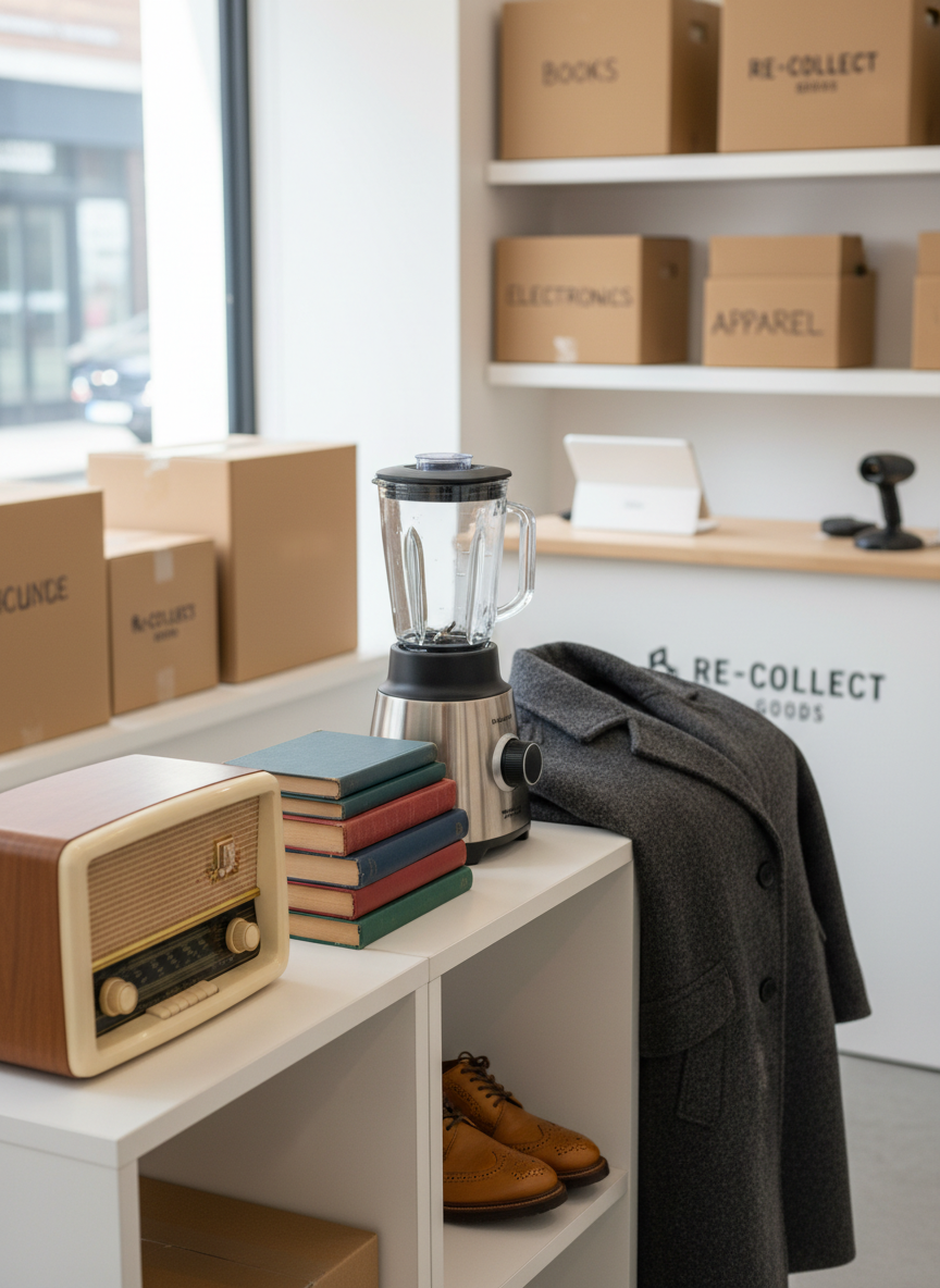 A neatly organized display of mixed second-hand items arranged on clean white shelving in a small, tidy shop interior. A vintage radio, neatly stacked books, a modern blender, a pair of polished leather shoes, and a carefully folded winter coat form the main focus, each in excellent condition with visible texture and color. The background shows labeled storage boxes and a simple checkout counter with a tablet and shipping boxes. Soft, diffused daylight from a side window gently illuminates the scene, casting subtle shadows and making the objects’ surfaces look appealing. Photographic realism at eye level, with a slightly shallow depth of field, creates a professional, trustworthy and inviting atmosphere suitable for an online second-hand store homepage.