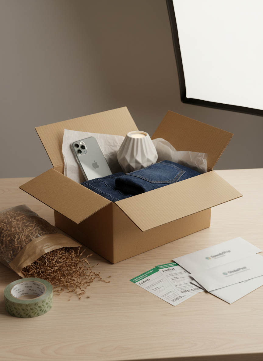 A carefully prepared packing station in a second-hand shop, featuring a sturdy kraft cardboard box partially filled with neatly wrapped items: a smartphone in a protective case, folded denim jeans, and a small decorative lamp. The box sits on a clean wooden table alongside paper filler, eco-friendly tape, printed shipping labels, and a selection of courier envelopes, each with clear logos slightly out of focus. Soft studio lighting from above and the side creates gentle highlights on the cardboard and objects, emphasizing order and care. The composition is a centered, photographic realism shot from a slightly elevated angle, with a calm, professional mood that conveys fast, reliable shipping and careful handling of every order.