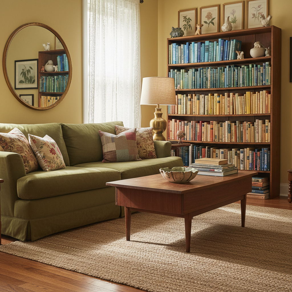 A cozy living room scene styled with only second-hand furniture and decor, showcasing how pre-owned items can create a harmonious home. A comfortable fabric sofa with a subtle texture faces a mid-century wooden coffee table bearing a used but stylish table lamp, a stack of novels, and a ceramic bowl. In the background, a tall bookshelf displays color-coordinated pre-loved books and small decorative objects, all in good condition. Soft morning light filters through sheer curtains, creating a gentle glow and delicate shadows that emphasize materials and shapes. The photographic realism shot uses a wide-angle, eye-level composition with moderate depth of field, making the space feel spacious yet personal, ideal to inspire customers about the possibilities of buying second-hand.