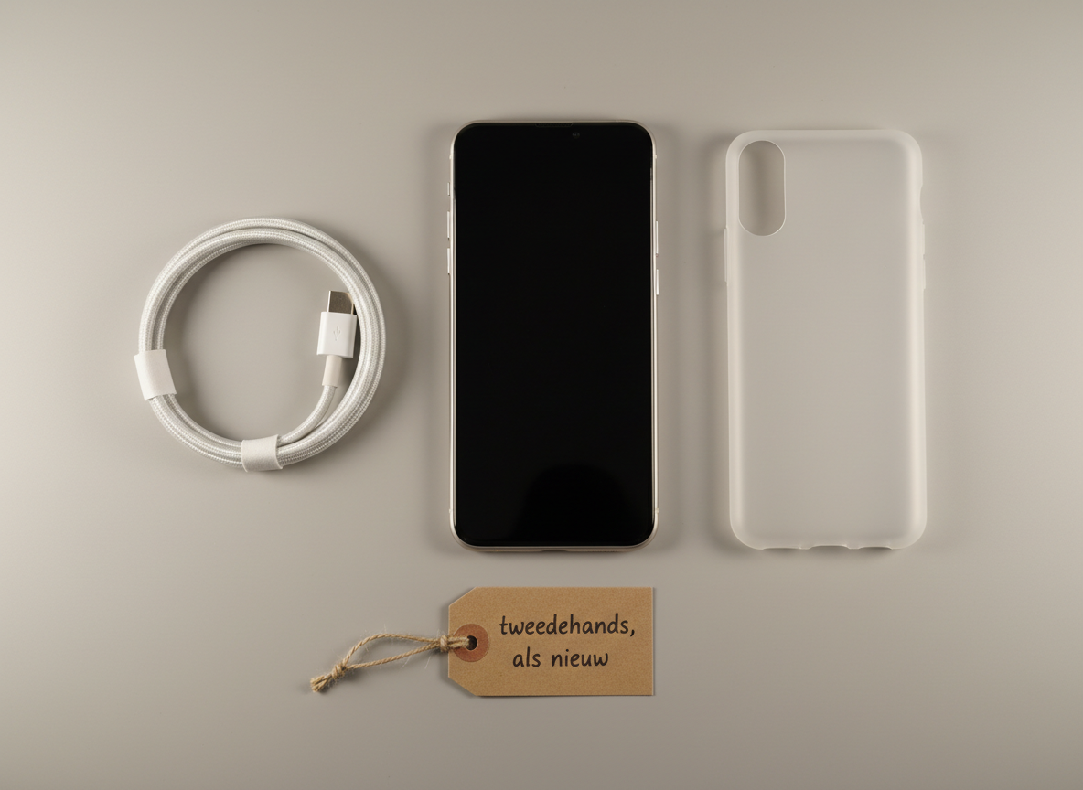 A minimalist product photo of a high-quality second-hand smartphone placed on a smooth, light-gray backdrop. The phone’s screen is turned off, showing a flawless, reflective surface with no visible scratches. Around it are neatly arranged accessories: a gently coiled charging cable, a clean protective case, and a small kraft tag that subtly reads “tweedehands, als nieuw.” Soft studio lighting from both sides creates refined highlights on the metal edges and gentle gradients on the background, eliminating harsh shadows. The composition uses centered framing with a shallow depth of field, focusing sharply on the phone, conveying a professional, trustworthy, and tech-oriented feel perfect for a product detail page in a second-hand shop.