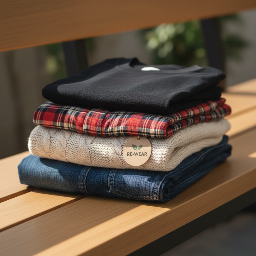 A detailed close-up of a folded stack of second-hand clothing on a smooth wooden bench: a pair of dark wash jeans, a cream knit sweater, a checked flannel shirt, and a simple black t-shirt. The fabrics show only minimal, natural wear, emphasizing quality and cleanliness. A small, discrete eco-friendly label peeks from one garment, suggesting sustainable shopping. Soft, diffused daylight from the left creates gentle shadows in the fabric folds and a warm, welcoming atmosphere. Shot in photographic realism from a slightly elevated angle, with a shallow depth of field that softly blurs the background, the composition highlights textures and colors, giving a professional, boutique-like impression for a clothing category page.