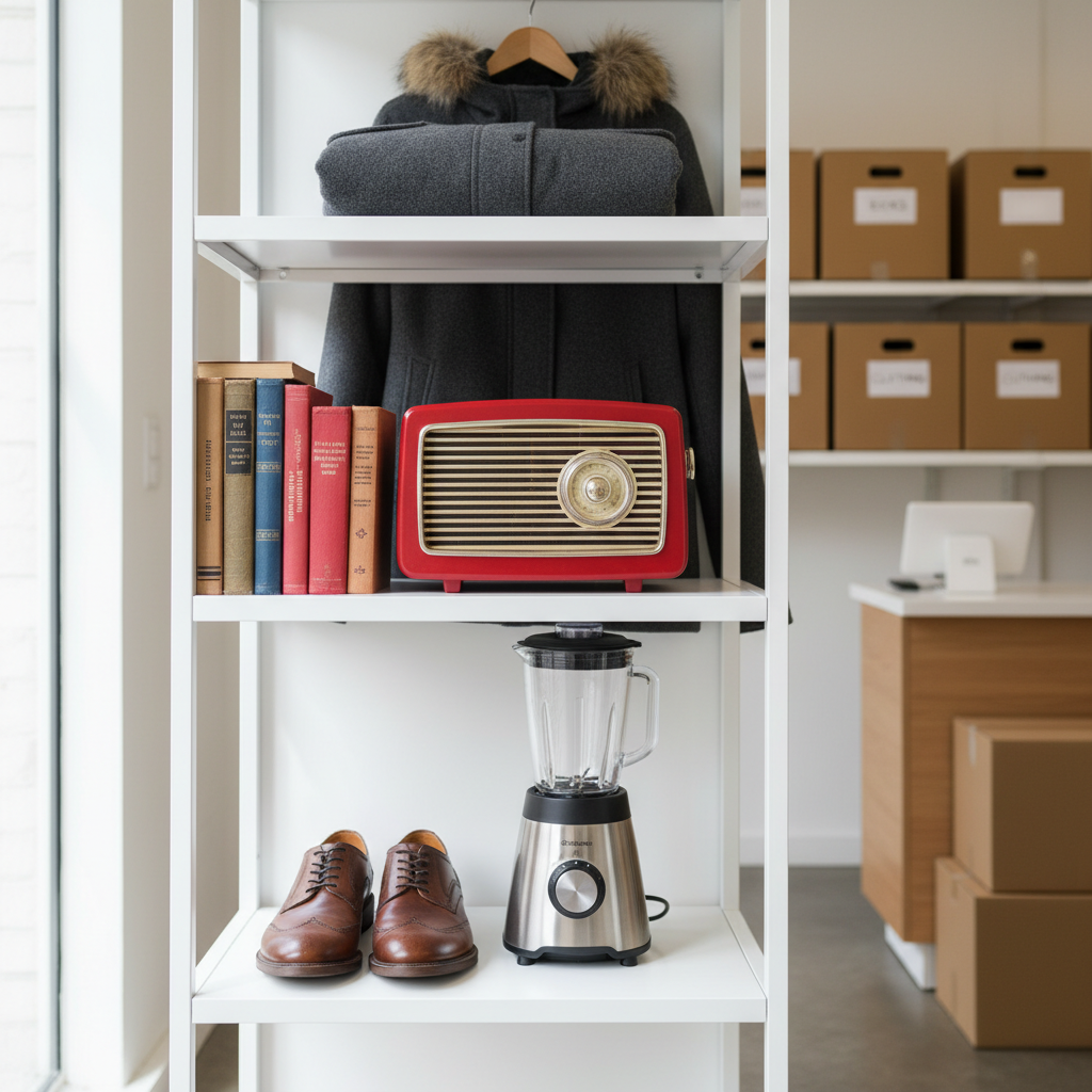 A neatly organized display of mixed second-hand items arranged on clean white shelving in a small, tidy shop interior. A vintage radio, neatly stacked books, a modern blender, a pair of polished leather shoes, and a carefully folded winter coat form the main focus, each in excellent condition with visible texture and color. The background shows labeled storage boxes and a simple checkout counter with a tablet and shipping boxes. Soft, diffused daylight from a side window gently illuminates the scene, casting subtle shadows and making the objects’ surfaces look appealing. Photographic realism at eye level, with a slightly shallow depth of field, creates a professional, trustworthy and inviting atmosphere suitable for an online second-hand store homepage.
