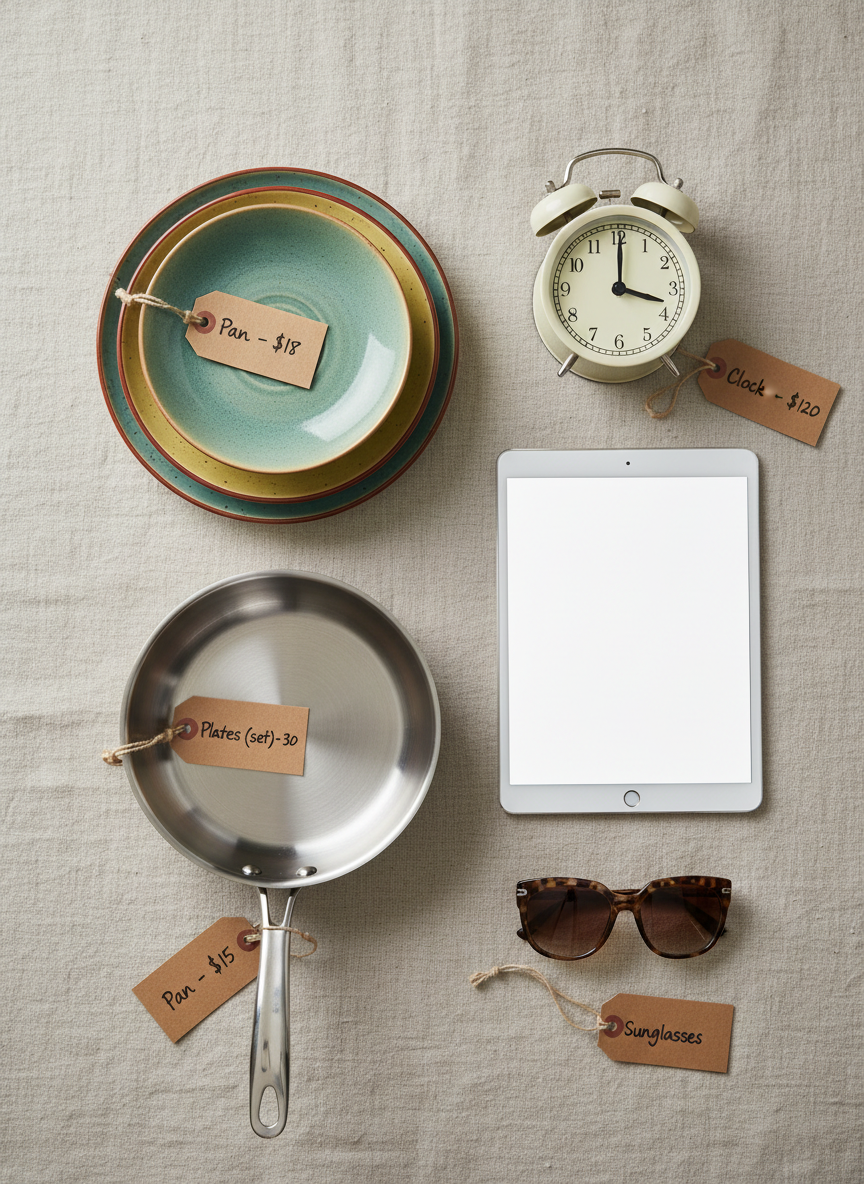 An inviting product flat lay featuring a variety of quality second-hand household items arranged on a neutral linen backdrop. A well-maintained stainless steel pan, a stack of colorful ceramic plates, a sleek tablet with a blank screen, a retro alarm clock, and a pair of stylish sunglasses form a harmonious, color-balanced layout. Small kraft tags with handwritten-style prices add subtle detail. The lighting is soft, diffused overcast light from the top, producing minimal shadows and a clean, modern look. Shot from a bird’s-eye view with sharp focus across the frame, the photographic image feels organized, curated, and professional, ideal for showcasing the diversity of items available in an online second-hand shop.