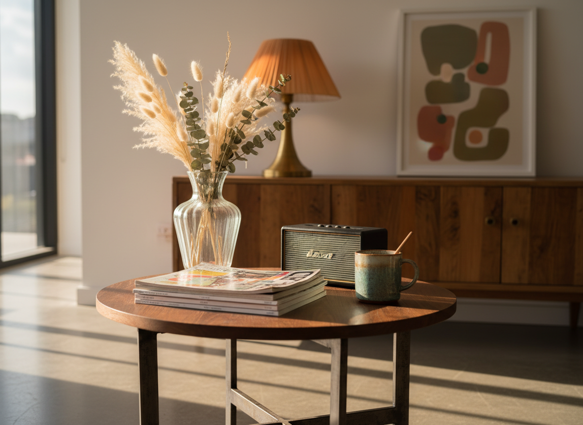 A modern home setting with a small coffee table as the focal point, styled entirely with second-hand finds. On the table rests a spotless glass vase with dried flowers, a stack of pre-loved design magazines, a gently used wireless speaker, and a ceramic mug with a subtle patina, all arranged with care. In the softly blurred background stands a reclaimed wooden sideboard holding a vintage lamp and a framed abstract print. Natural late-afternoon light enters from a large unseen window, washing the scene in warm, golden tones and casting long, soft shadows. Captured in photographic realism from a low, three-quarter angle, the composition feels stylish, calm, and aspirational, highlighting how second-hand items can look as elegant as new.