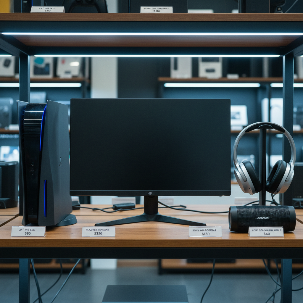 A compact, well-lit electronics shelf in a second-hand shop featuring neatly aligned products: a flat-screen monitor, a game console, wireless headphones resting on a sleek stand, and a small Bluetooth speaker. All devices appear clean, dust-free, and gently used, with small printed labels indicating specifications and prices. Cool, even LED lighting from above highlights the smooth surfaces and metallic finishes, creating subtle reflections without glare. The background shelves gradually fade into softness, with hints of more organized electronics, emphasizing depth. Photographed at eye level in photographic realism with a balanced composition, the overall mood is professional and tech-savvy, reassuring customers that pre-owned electronics can be modern, reliable, and carefully checked.