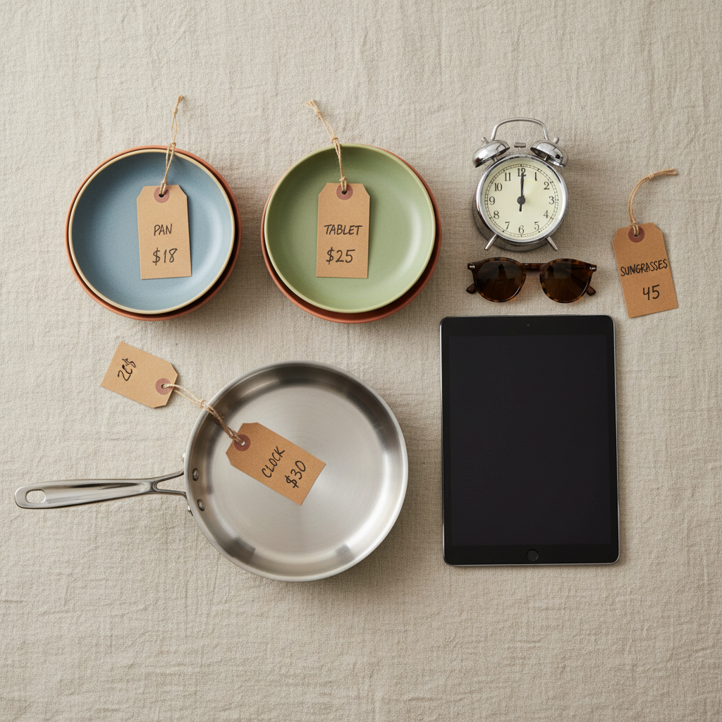 An inviting product flat lay featuring a variety of quality second-hand household items arranged on a neutral linen backdrop. A well-maintained stainless steel pan, a stack of colorful ceramic plates, a sleek tablet with a blank screen, a retro alarm clock, and a pair of stylish sunglasses form a harmonious, color-balanced layout. Small kraft tags with handwritten-style prices add subtle detail. The lighting is soft, diffused overcast light from the top, producing minimal shadows and a clean, modern look. Shot from a bird’s-eye view with sharp focus across the frame, the photographic image feels organized, curated, and professional, ideal for showcasing the diversity of items available in an online second-hand shop.